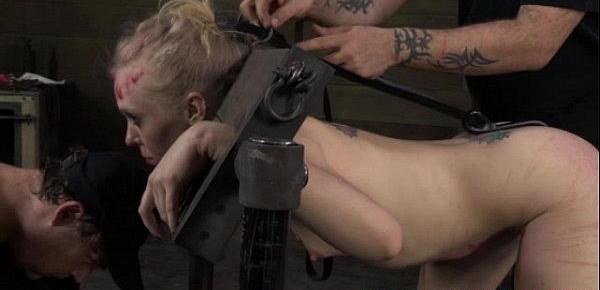  Blonde sub gets hair tied to a buttplug